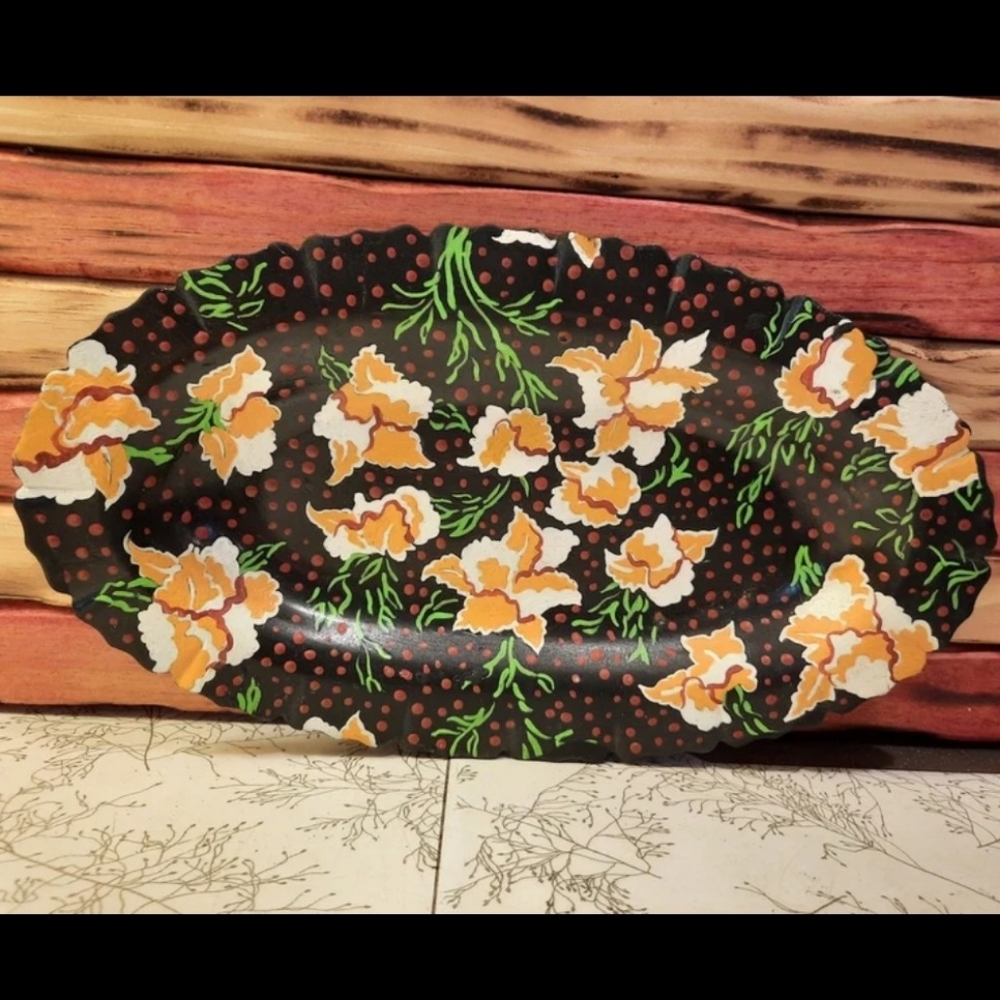 Handpainted Vtg Metal Dish Decor Floral Upcycled